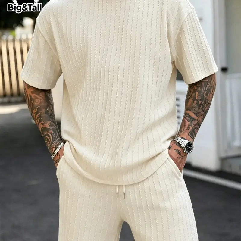 Plus Size Men's Loose Ribbed Knit 2-Piece Summer Outfit, Cream Casual Short Sleeve T-Shirt & Drawstring Shorts Set, Streetwear Loungewear for Daily, Beach & Vacation, T Shirts Set