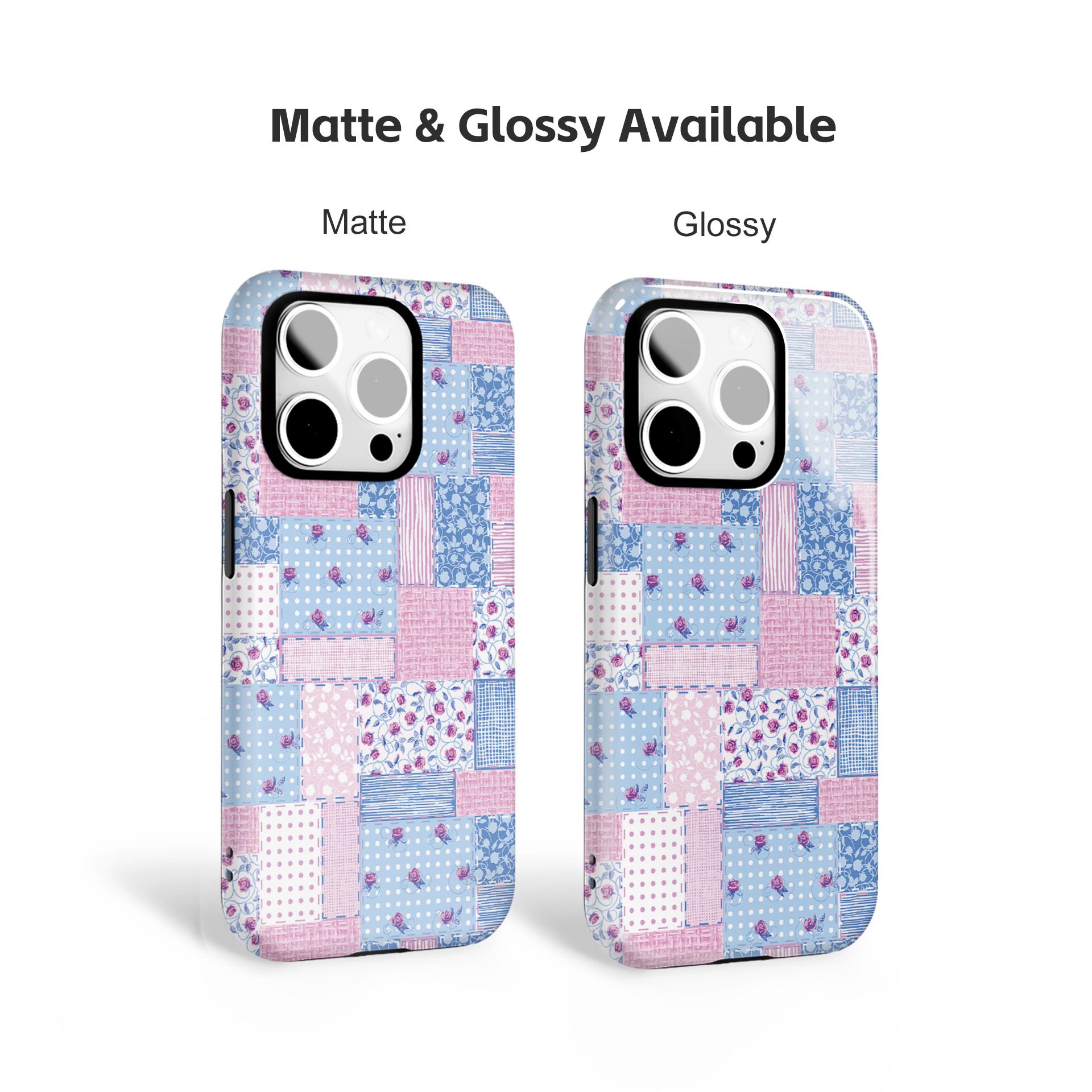 Patchwork Floral Pink Blue Polka Dot Stripes Phone Case, 2 - in - 1 PC Hard + TPU Soft (Matte/Glossy) Cover Phone, Matching Phone Cases as Gift, Funda Para Phone Case for iPhone 11 12 13 14 15 16 16e 17 Pro ProMax Air,Galaxy S26 S25 A56 A55 A17 A16