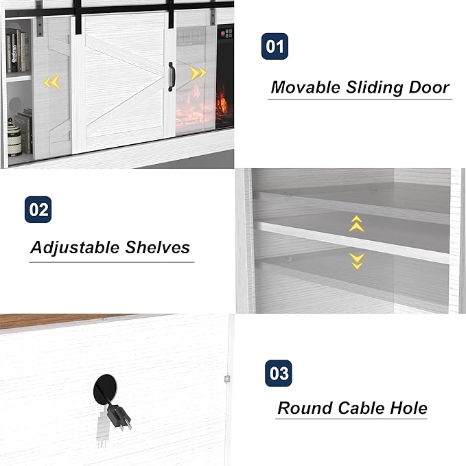 [2 Packages Delivery] Kullavik Farmhouse TV Stand up to 85“ Television, Sliding Barn Door Entertainment Center, TV Cabinet Storage Shelves, Media Furniture for Living Room White