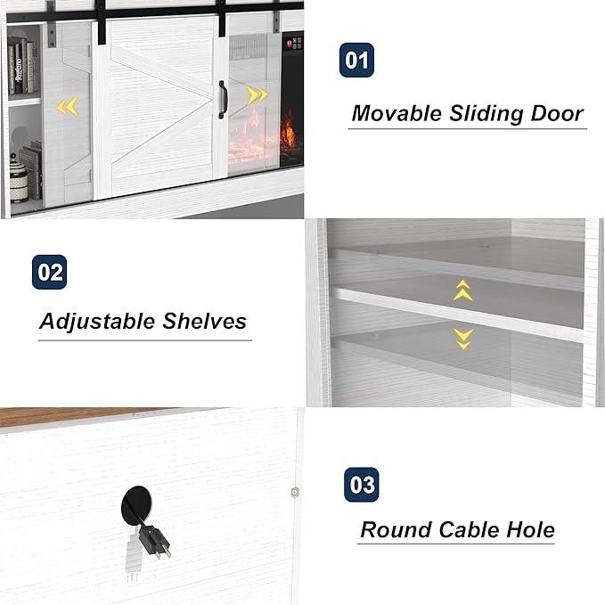 [2 Packages Delivery] Kullavik Farmhouse TV Stand up to 85“ Television, Sliding Barn Door Entertainment Center, TV Cabinet Storage Shelves, Media Furniture for Living Room White