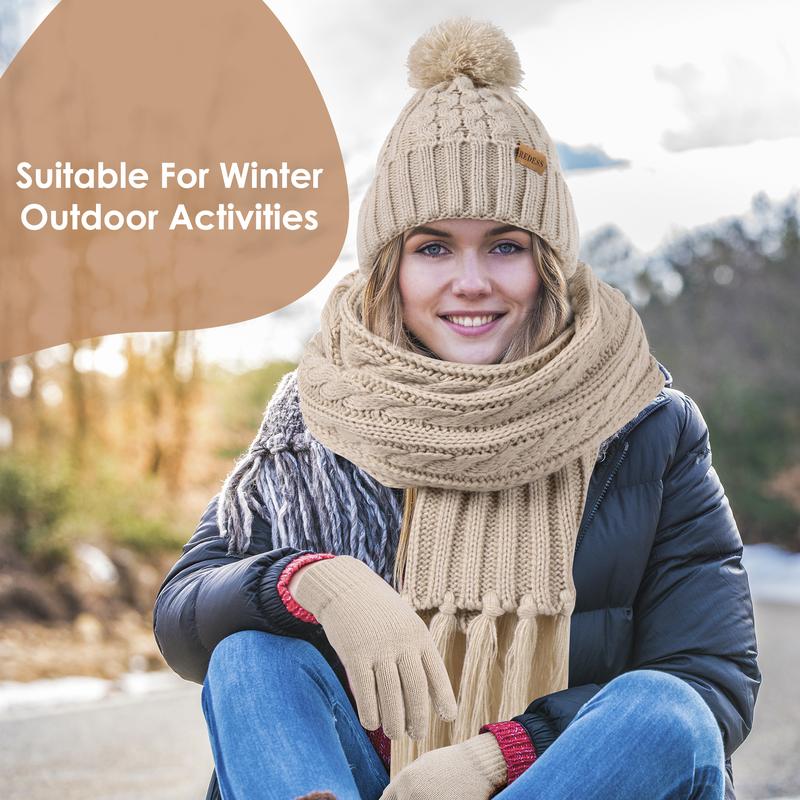 3PC Women’s Winter Knit Hat Scarf and Gloves Set Fleece Lined Beanie with Touchscreen Gloves and Long Warm Scarf