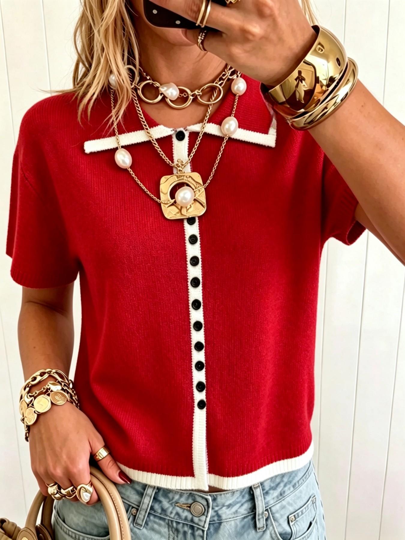 Elegant Polo Neck Button Front Pullover, Casual Colorblock Short Sleeve Top, Loose Fit Fall Fashion Women's Sweater
