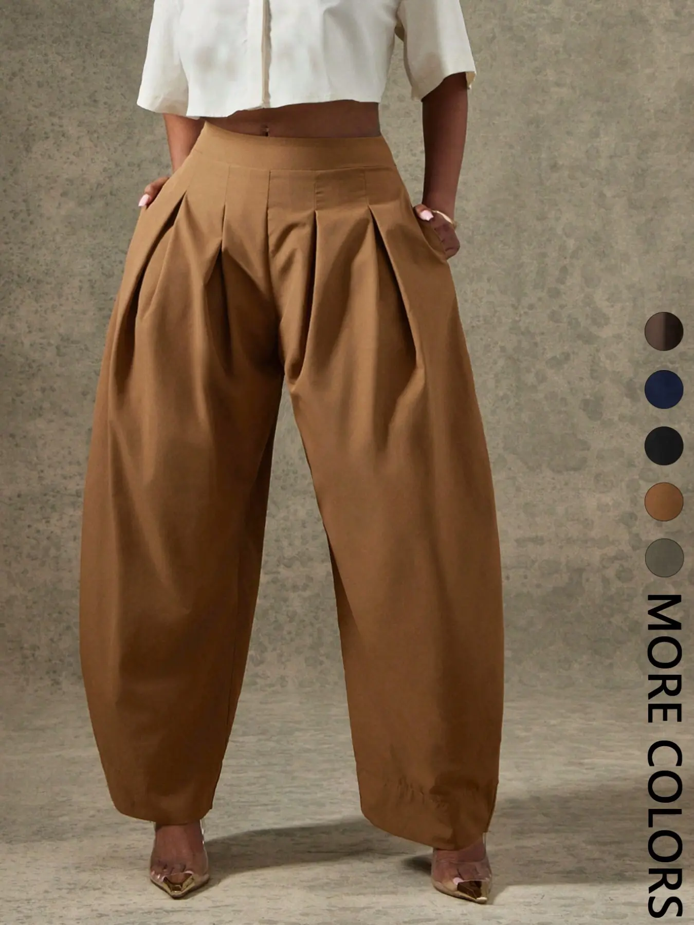 Women’s High Waist Pleated Balloon Trousers, Trendy Barrel‑Shaped Wide Leg Pants With Side Pockets and Back Zipper, Chic Statement Bottoms for Street Style, Date Night and Daily Going‑Out Occasions