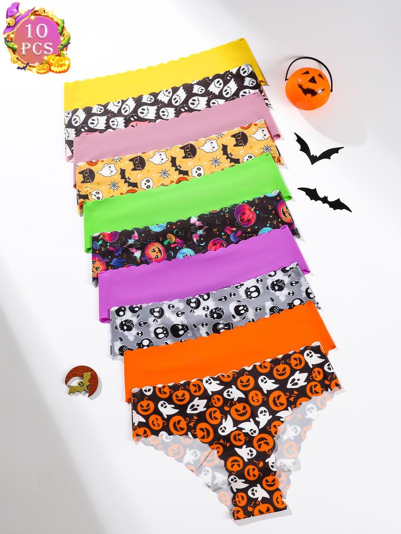5/7/10 pieces set, Underwear sets, Halloween themed wavy edge women's panties with pumpkin skull all-over print triangle underwear, slim fit, comfortable, suitable for festivals and daily wear in all seasons
