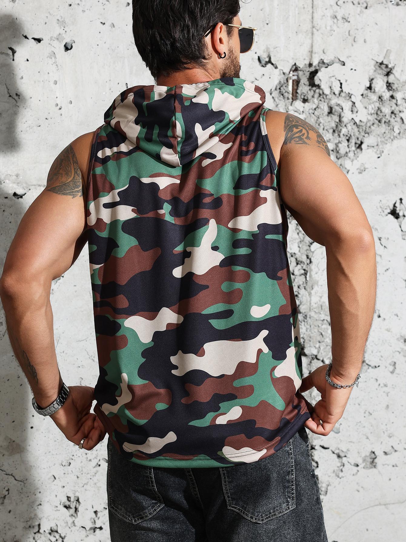 Men's Lightweight Polyester Camouflage Hooded Vest - Breathable, Sleeveless Sporty Design for Gym, Running - Machine Washable