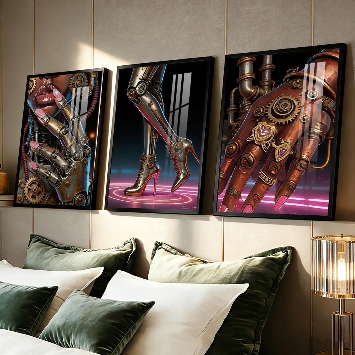 3 Counts Aluminum Alloy Framed Painting, Futuristic Cyberpunk Robot Art Pictures, Home Decoration For Living Room, Bedroom, Office, Restaurant, Hallway Wall Decor, Odorless Print Artwork, Luxury Perfect Gift For Friends And Family