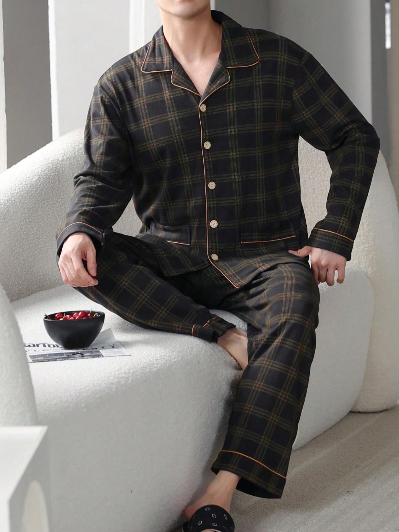 Men's 2-Piece Top and Pants Sleepwear Loungewear Set, Long Sleeve Plaid Checked Colorblock Pajamas, Loose-Fit Casual Spring & Fall Home Clothes, Comfortable Nightwear, Casual Comfy Pajama