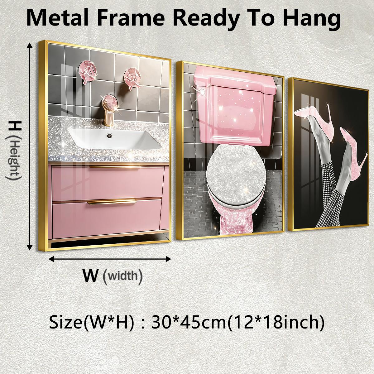 3 Counts Aluminum Alloy Framed Painting, Pink Glam Bathroom And High Heels Art Pictures, Home Decoration For Living Room, Bedroom, Office, Restaurant, Hallway Wall Decor, Odorless Print Artwork, Luxury Perfect Gift For Friends And Family