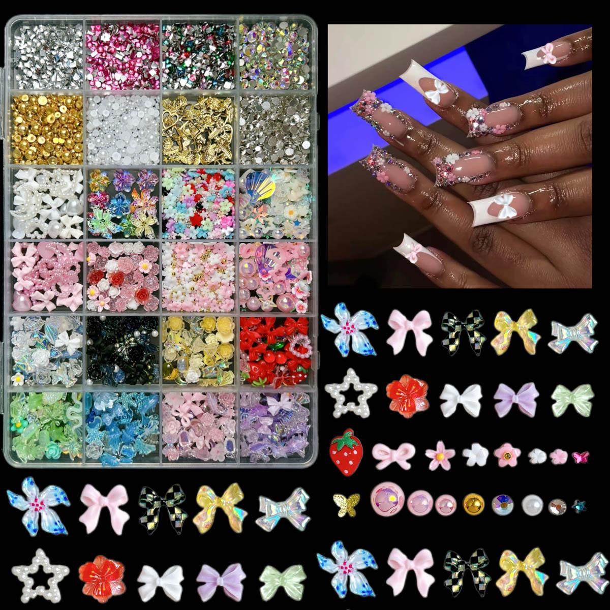 1Box Dopamine Colored Resin Flower Bow Nail Charms Semi-circular Rhinestones Pearl Mini Shell Feather Flakes Mixed Nail Decor DIY Elegant Rhinestone Decorated