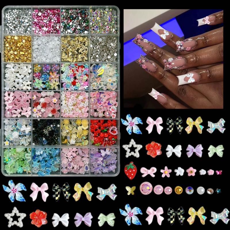 1Box Dopamine Colored Resin Flower Bow Nail Charms Semi-circular Rhinestones Pearl Mini Shell Feather Flakes Mixed Nail Decor DIY Elegant Rhinestone Decorated