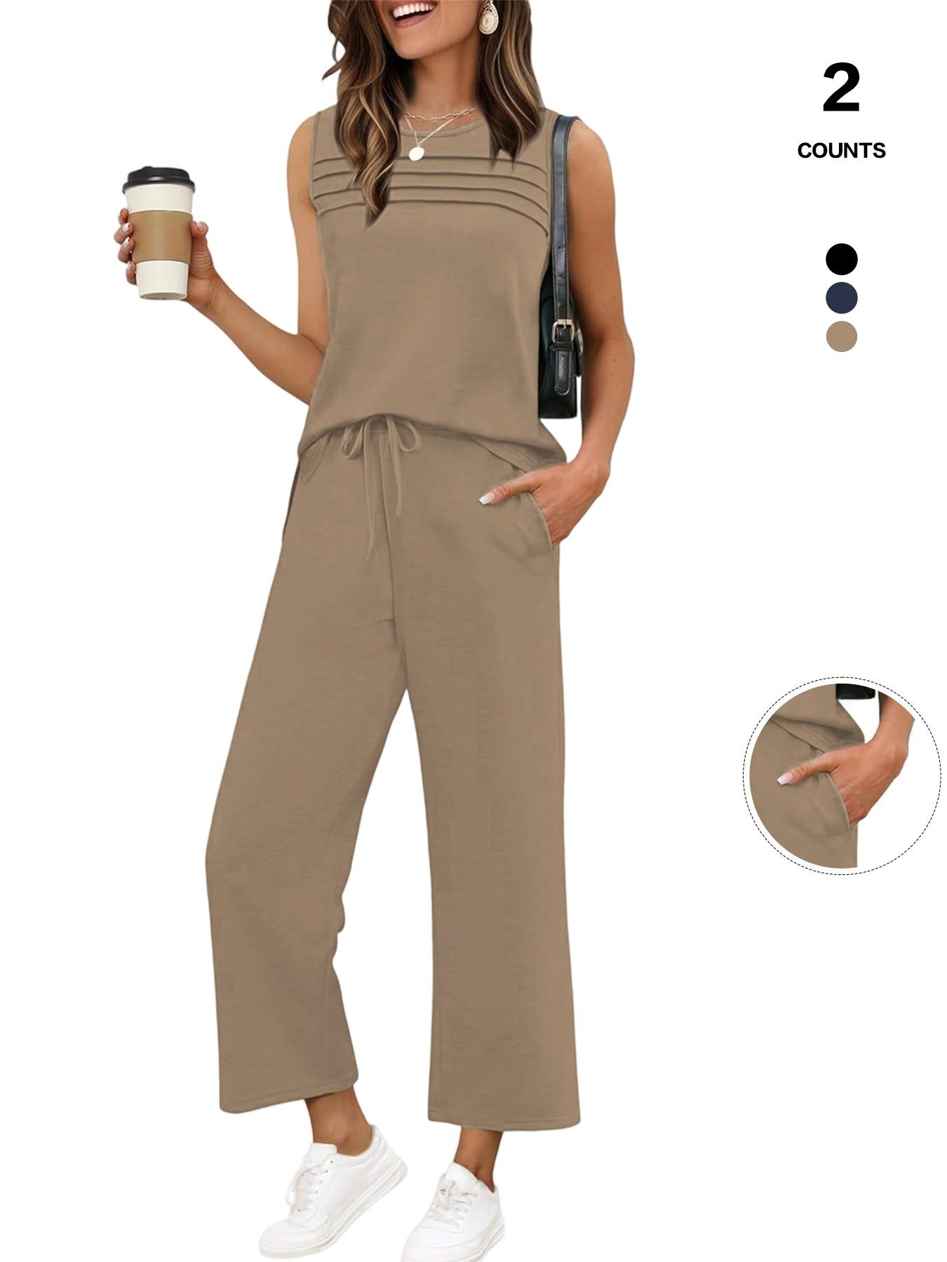 Women's 2 Piece Summer Outfit, Fitted Sleeveless Crewneck Tank Top with Shadow Stripes and High Waist Drawstring Wide Leg Pants with Pockets, Casual Lounge Set