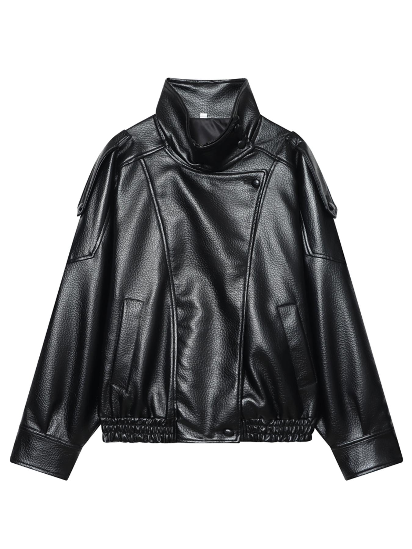 Women's Street Style Faux Leather Jackets, Coats, Casual Loose Fitting Jacket High Neck Long Sleeve Zipper Jackets for Women, Asymmetric Button & Pocket Design, 2026 Spring New Jackets, Moto-Inspired Jacket, Womenswear, Ladies Black Outerwear