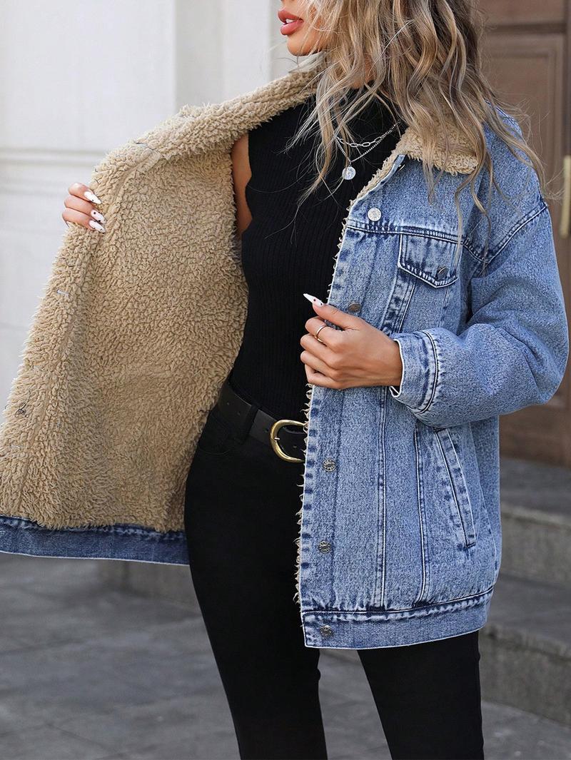 Women's Fall Winter Casual Jacket, Elegant Solid Color Stand Collar Thick Warm Denim Coat, Versatile Outerwear for Women