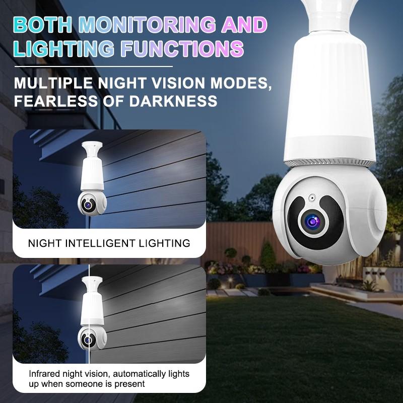 E27 Light Bulb Security Camera, WiFi, Auto Human Tracking, Full Color Night Vision, Zoom, Works with Alexa, 10x Digital Zoom