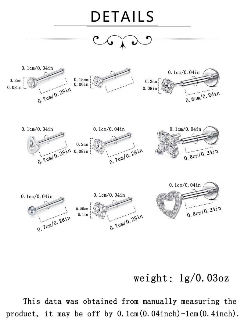 18g Threadless Nose Studs CZ Nose Rings For Women Labret Studs Push In Flat Back Stud Earrings Nose Nostril Tragus Helix Piercing Jewelry