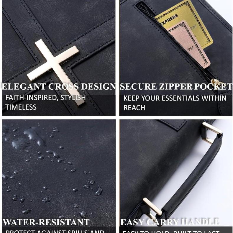 Classic Vegan Leather Bible Cover with Metal Cross Design Handle Zipper Bible Case Organizer Bag Durable Bible Study Supplies Carrying Bag for Men Women Christian Religious Daily Use Black
