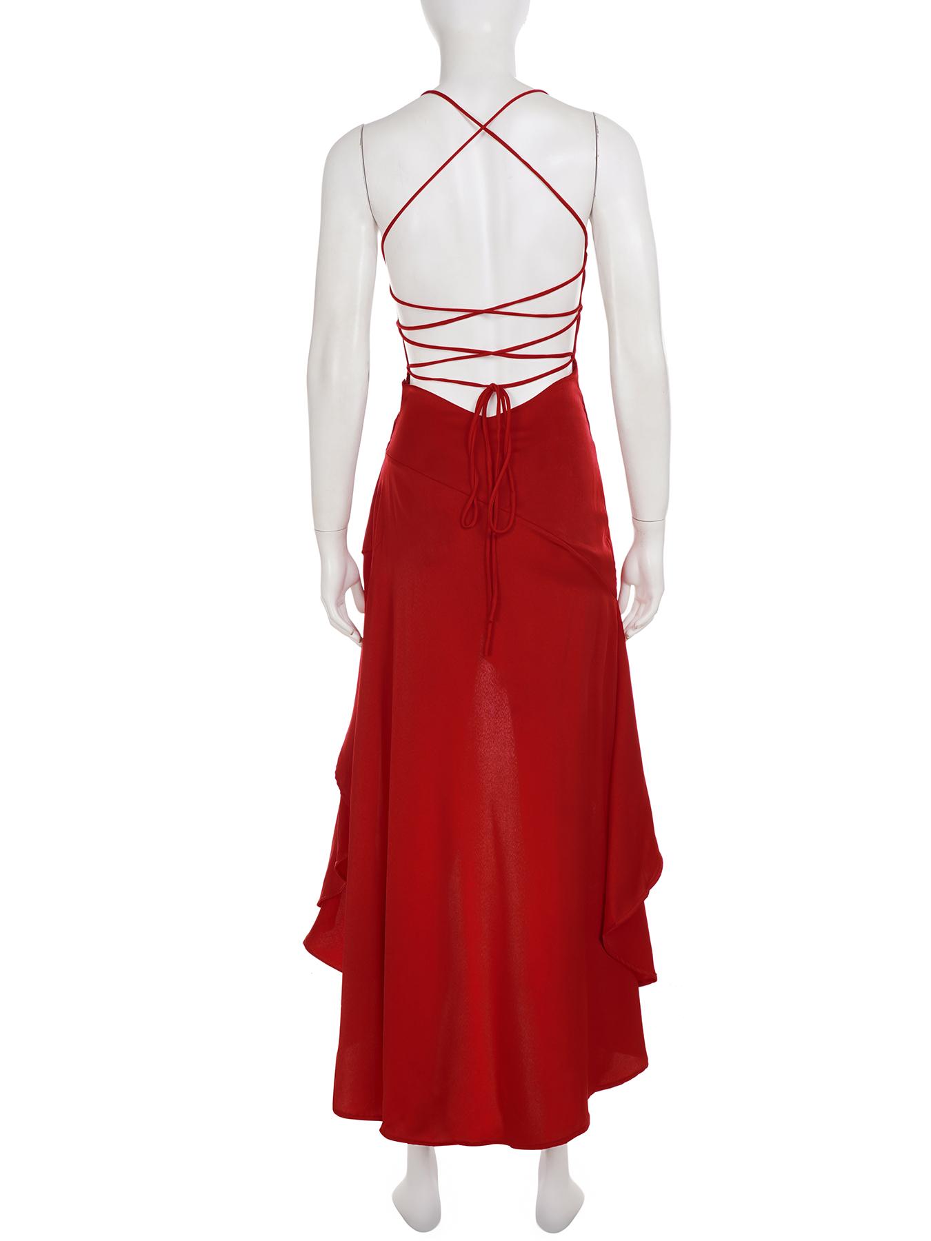 Women's Sexy High Slit Ruffle Hem Satin Strap Red Long Dress, Tie Back Large Backless Design Square Neck Slim Fit Bodycon Formal Party Gown, Elegant Chic Fashionable Evening Dress - TikTok Shop Women's Sexy High Slit Ruffle Hem Satin Strap Red Long Dress, Tie Back Large Backless Design Square Neck Slim Fit Bodycon Formal Party Gown, Elegant Chic Fashionable Evening Dress - TikTok Shop