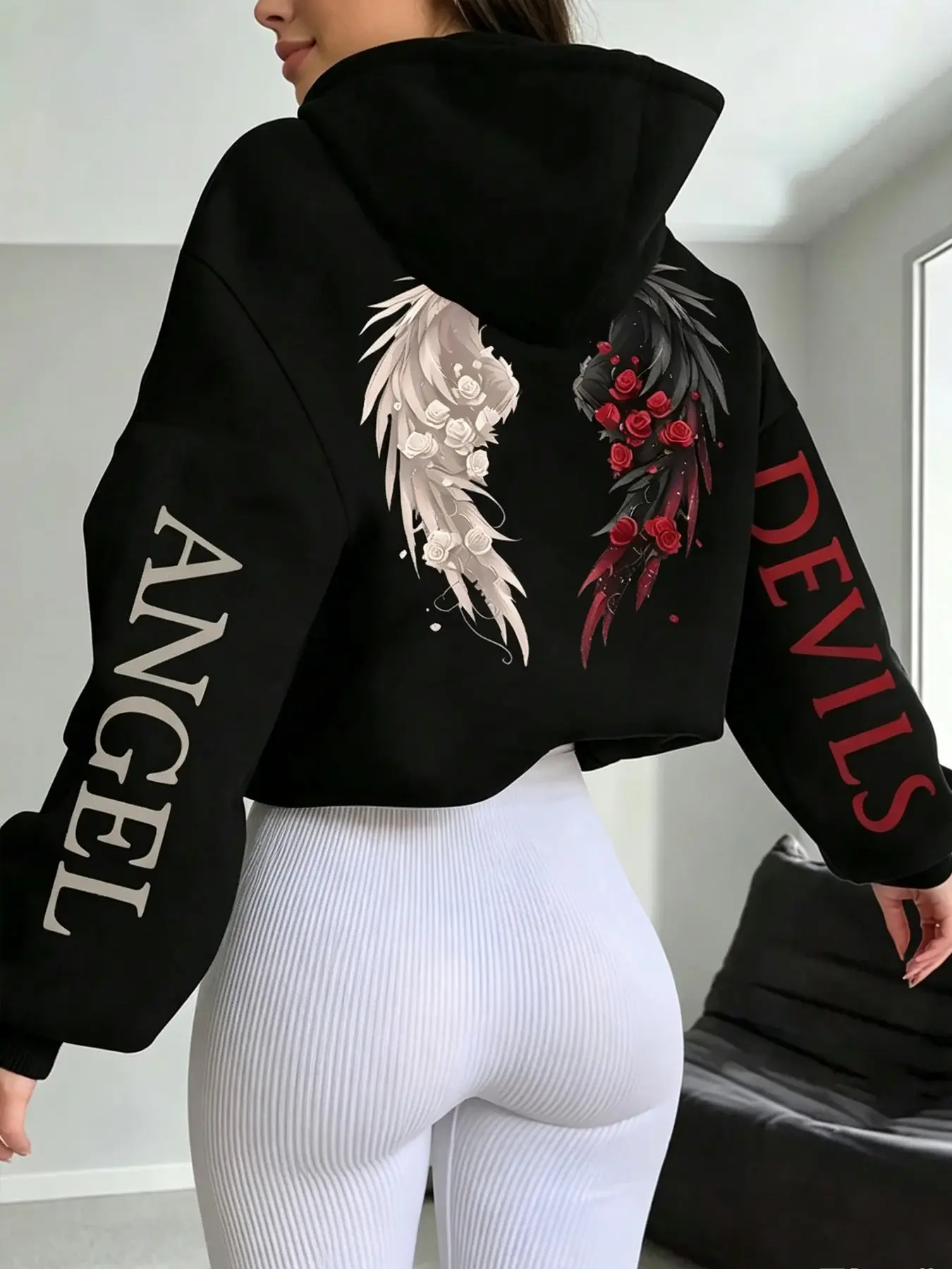 Women's Kangaroo Pocket Hoodie Long Sleeve with Angel and Devil Wings Graphic Print, Drawstring Shoulder Adjustable Design for Comfortable Casual Wear, Perfect for Autumn Layering, Gothic Hoodies, Sweatshirts, Drawstring Knit Hoodie