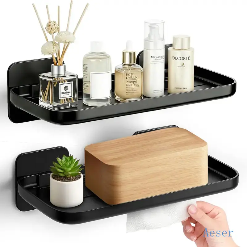 2 Pack Adhesive Floating Shelves, No Drill Small Floating Shelf |   Wall Storage Damage-Free Wall Mounted Organizer for Bathroom, Kitchen, Bedroom & Office (Black)