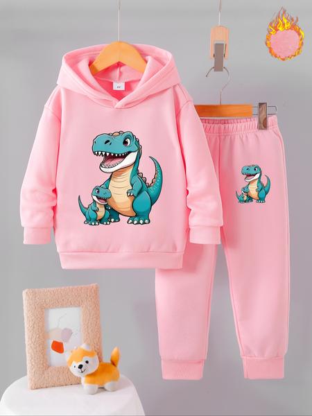 Boys' Fall & Winter Fleece Set, Dinosaur Cartoon Print Hoodie & Jogger Pants Two-Piece, Casual Warm Kids Clothing Gift Idea