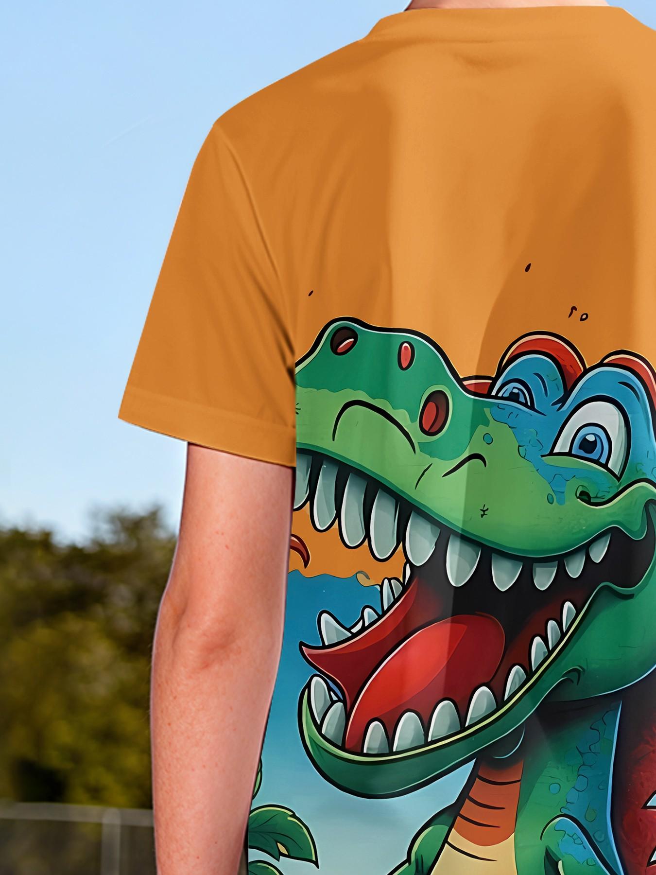 Chengqu Tyrannosaurus Rex Roar Two-Piece Set (Short Sleeve & Shorts), 100% Polyester Casual Loose Fit Outfit, Fun Printed Patterns for Summer, Outdoor Sports T-Shirt Set, Perfect Gift for Boys