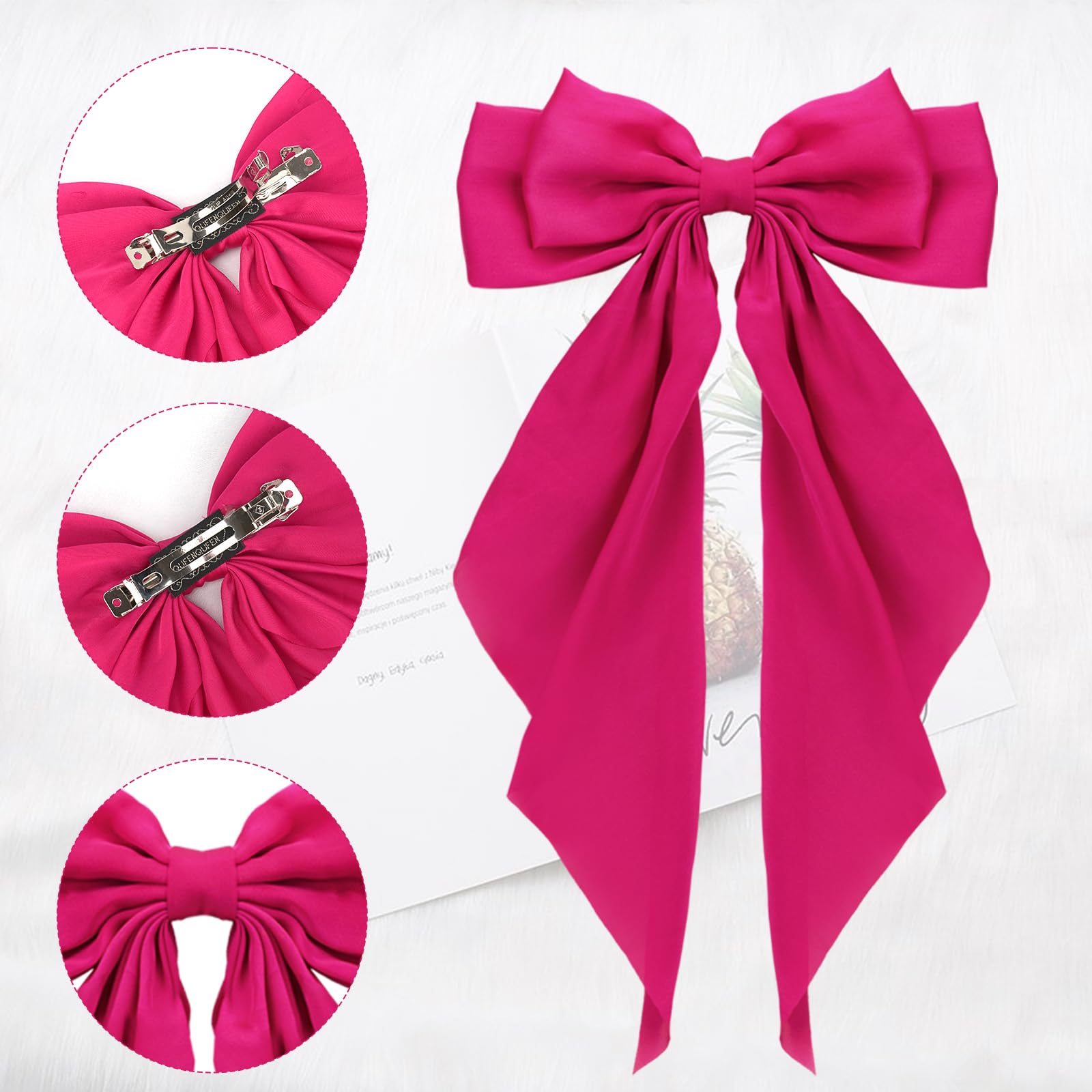 Big Bow Hair Accessories 2pcs - Long Tail French Satin Silky Barrettes for Women and Girls, Black, Burgundy, Red Bows for Birthday, Party, Show, hair clips Fashion