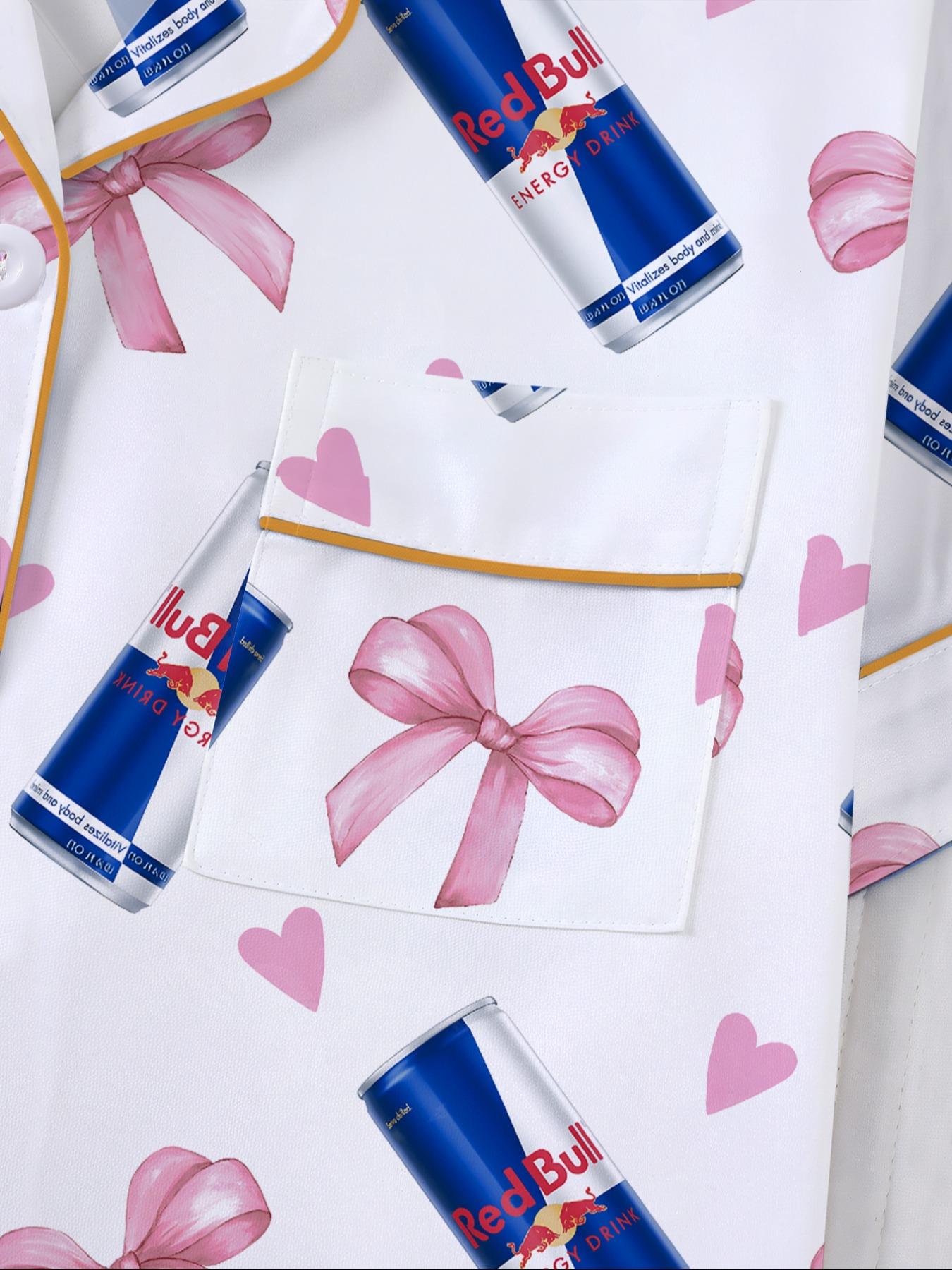 Women's Heart & Bow Print Sleepwear Set, Short Sleeve Button-Up Top & Elastic-Waist Shorts, Casual Loungewear for Home and Pajama Parties