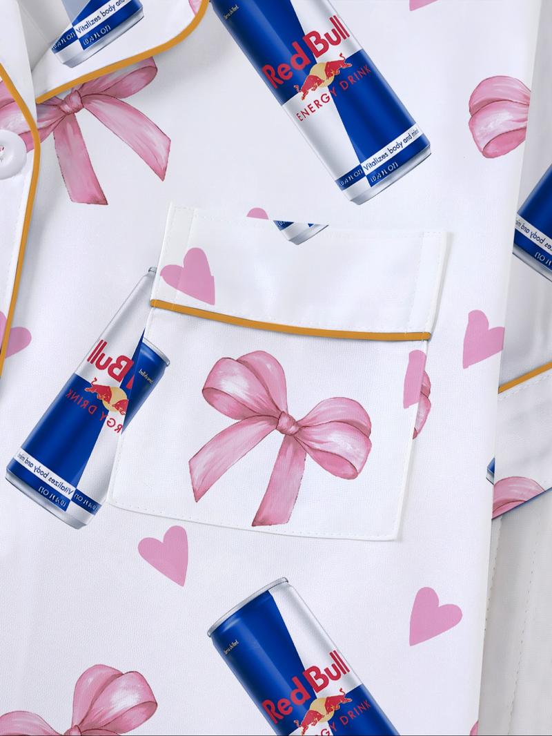 Women's Heart & Bow Print Sleepwear Set, Short Sleeve Button-Up Top & Elastic-Waist Shorts, Casual Loungewear for Home and Pajama Parties