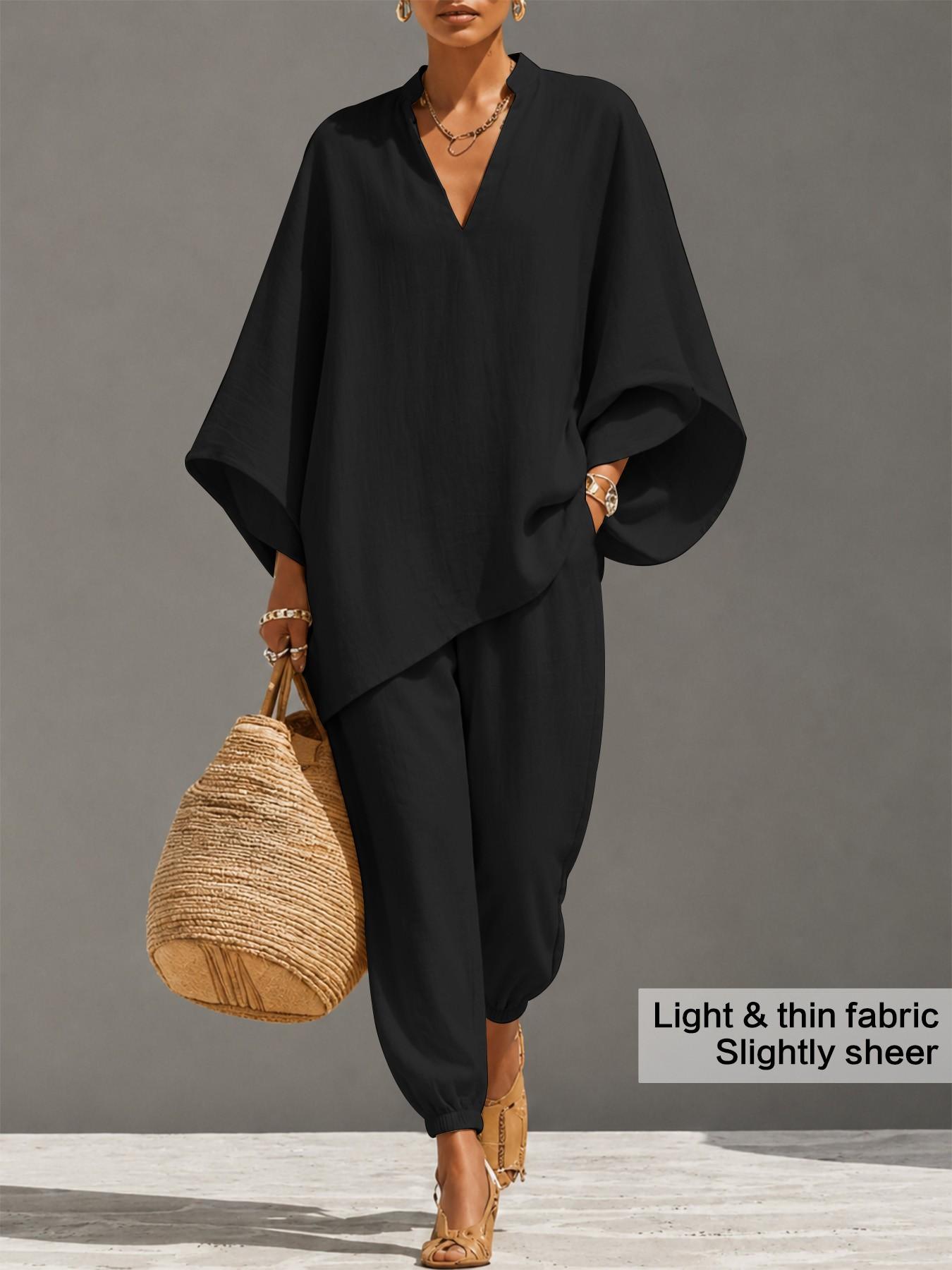 Women's Oversized Light Linen-Look 2-Piece Set, Batwing Long Sleeve Blouse Top & Drawstring Pants, Comfy Casual Style for Travel & Vacation