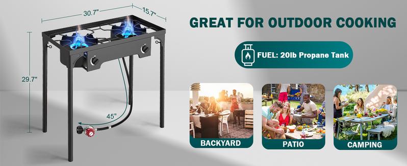 GEEKHOM Propane 3 Burner Camp Stove Outdoor High Pressure Propane 2 Burner Adjustable PSI Regulator and Steel Braided Hose With Removable Legs