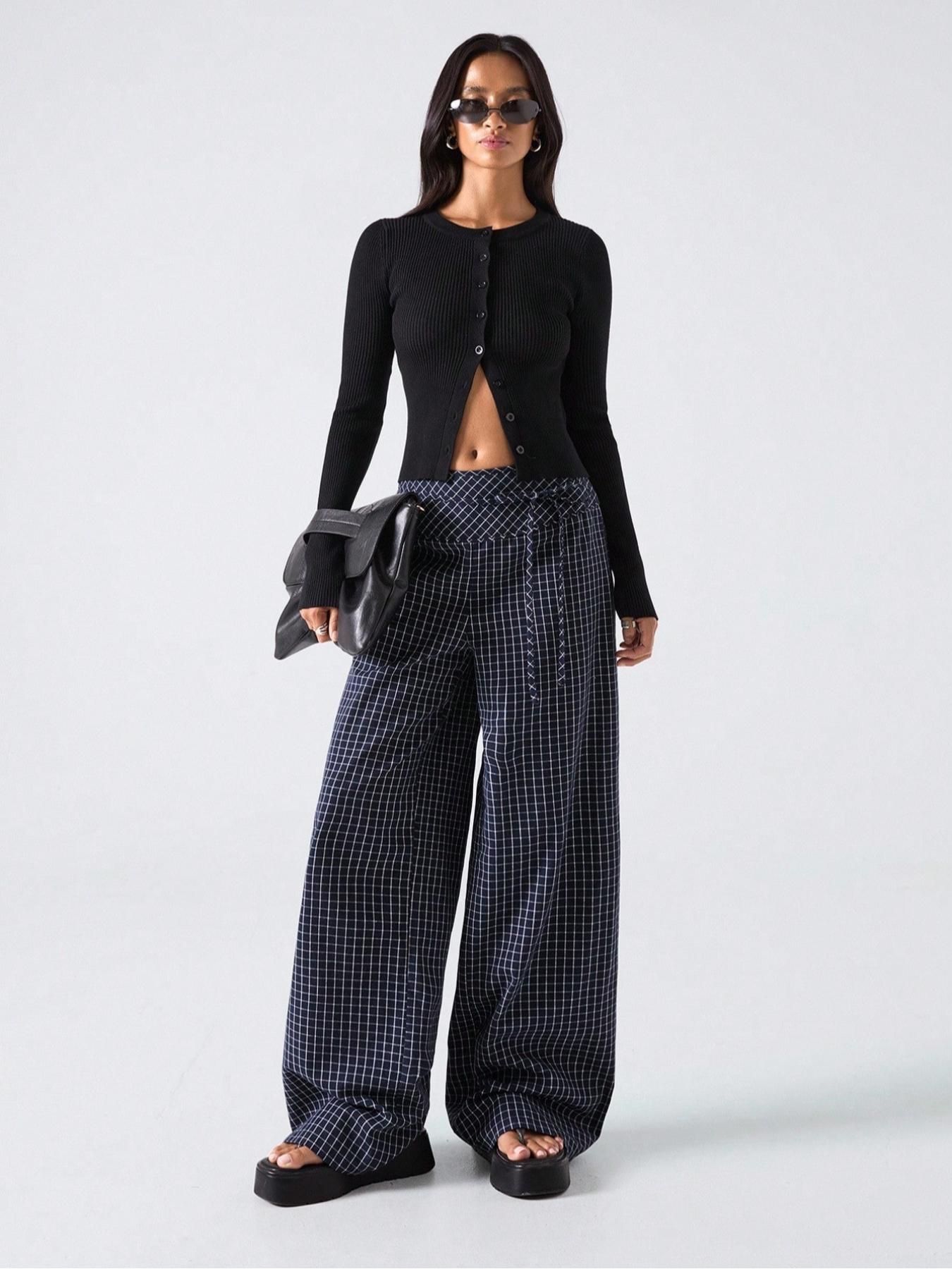 Plaid Print Knot Waist Wide Leg Pants, Casual Street Trousers, Vintage British Style, Fashionable and Versatile, Slimming Fit, Comfortable, All Seasons