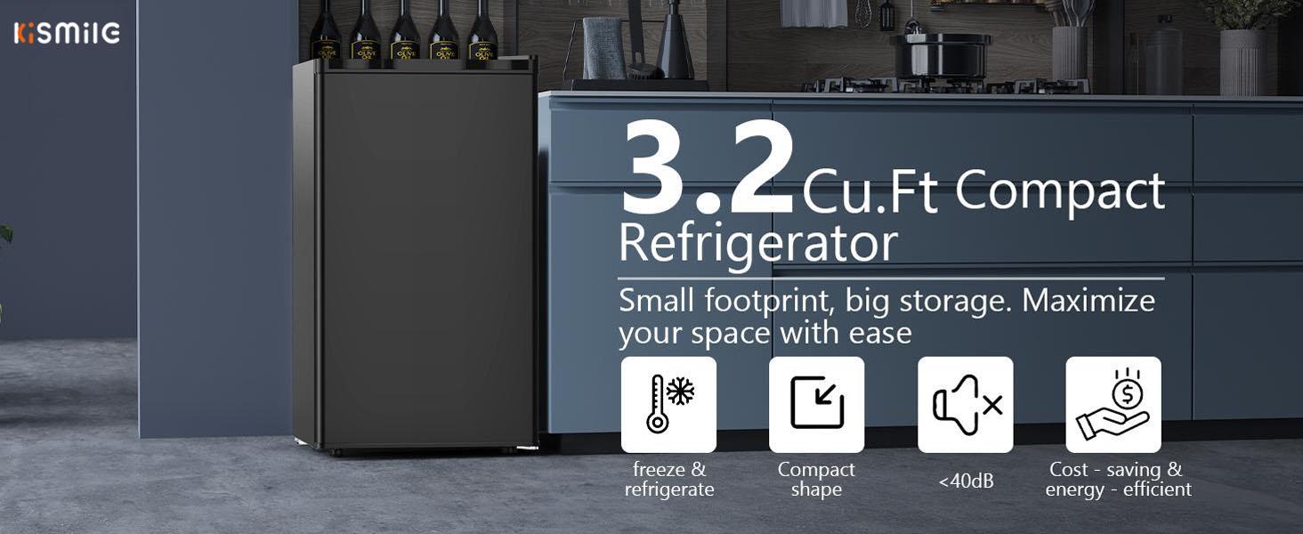 Kismile 3.2 Cu.Ft Mini Fridge with Freezer Single Reversible Door Compact Refrigerator Adjustable Thermostat 2 Removable Shelves Small Dorm Fridge for Bedroom Office Kitchen Dorm Black