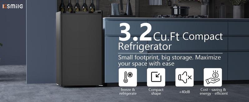 Kismile 3.2 Cu.Ft Mini Fridge with Freezer Single Reversible Door Compact Refrigerator Adjustable Thermostat 2 Removable Shelves Small Dorm Fridge for Bedroom Office Kitchen Dorm Black