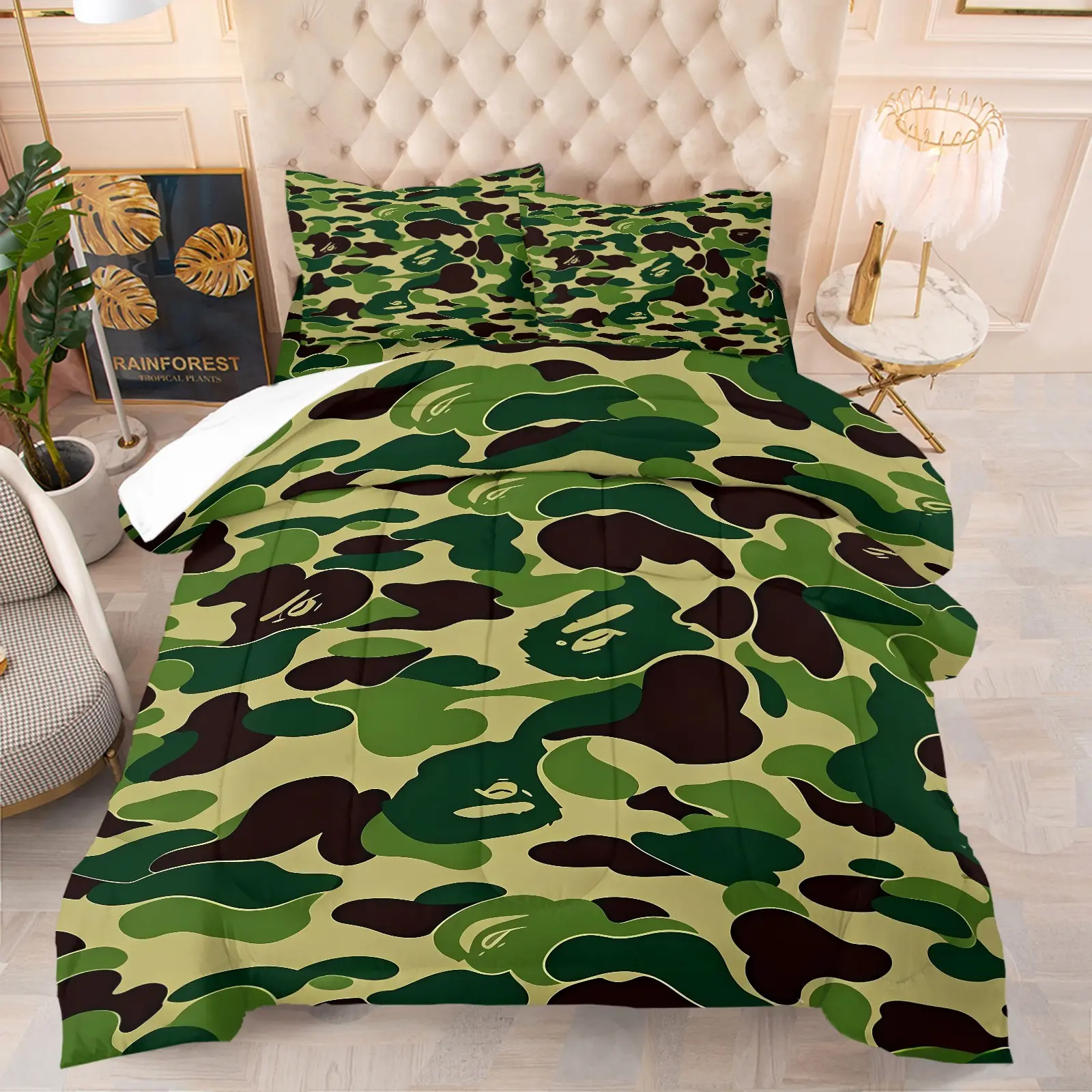 Classic Green Ape‑Head Camouflage Print Comforter Set, Includes 1 Comforter and 1‑2 Pillowcases, Hip‑Hop Streetwear Camo Pattern Print, Gift for Kids, Teens and Adults, Trendy Dorm Bedding Gift for Street‑Style Fans