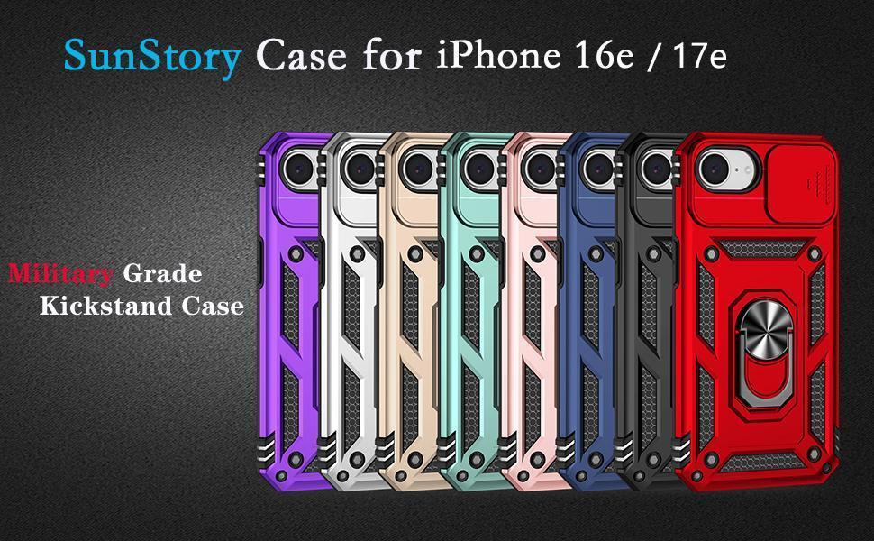 SunStory Compatible with iPhone 16e Case & iPhone 17e Case with HD Screen Protector & Slide Camera Cover & Rotated Ring Kickstand, [Military-Grade] Phone Case for iPhone 16e/17e, Red