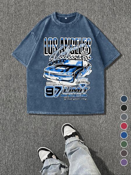 Men's Regular Fit Car Graphic Print Round Neck Tee, Vintage Trendy Casual Short Sleeve T-shirt for Daily Wear, Ladies Summer Outfit, Top