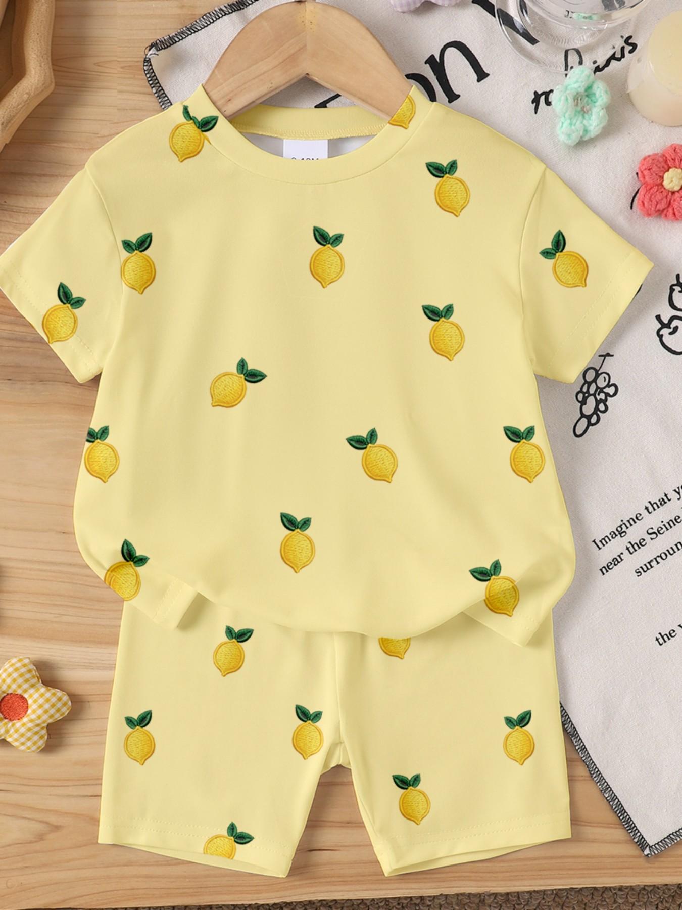 Babygirl Two-Piece Set Vacation Style Fresh Cute Lemon Print Top & Shorts Suit for Summer Outdoors, Casual Fashion for Women
