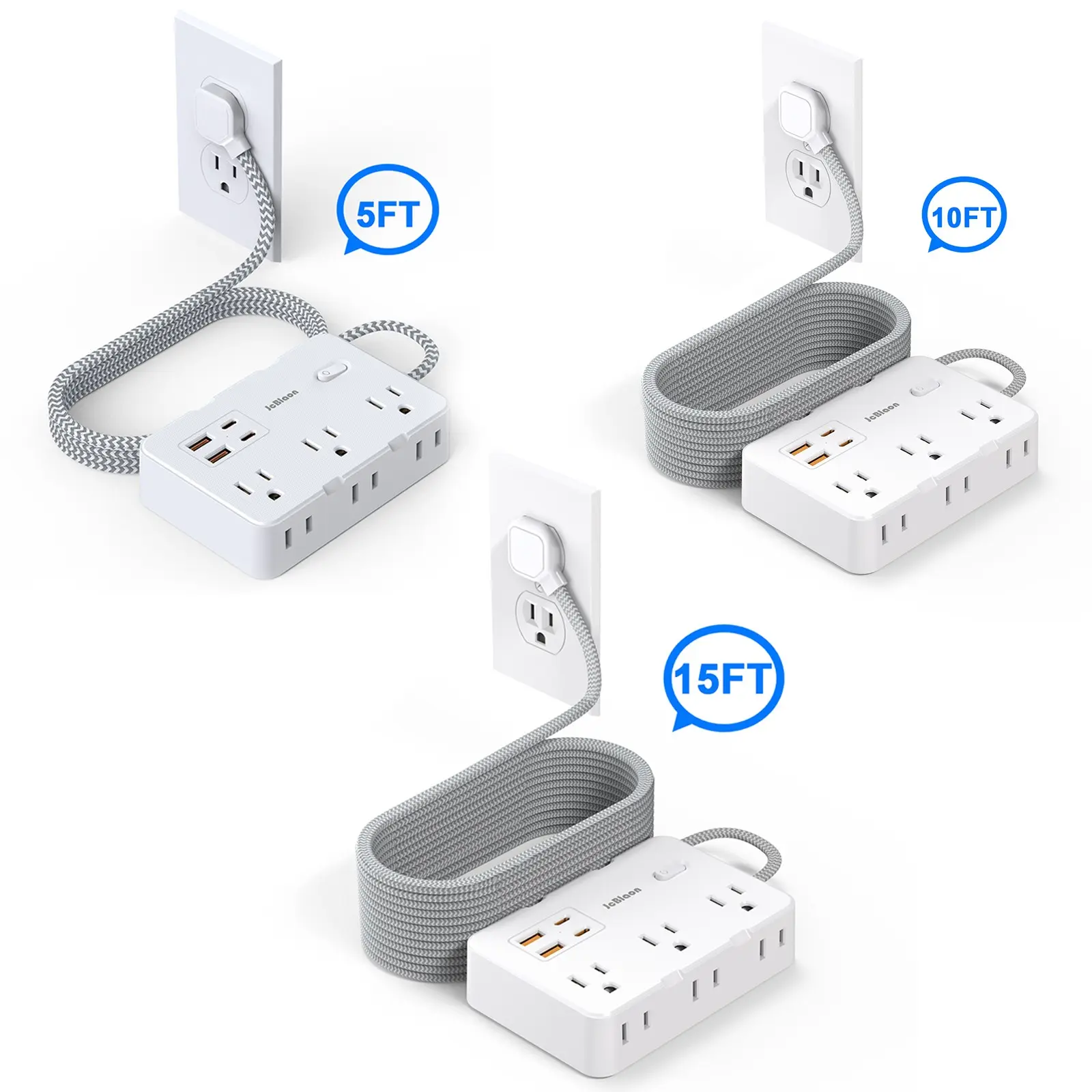 Power Strip Surge Protector,  5Ft/10FT/15FT Braided Extension Cord with 6 AC Outlets And 4 USB Ports , Desk Charging Station, Compact Wall Mount Power Strip for Home Dorm Office Travel Essentials