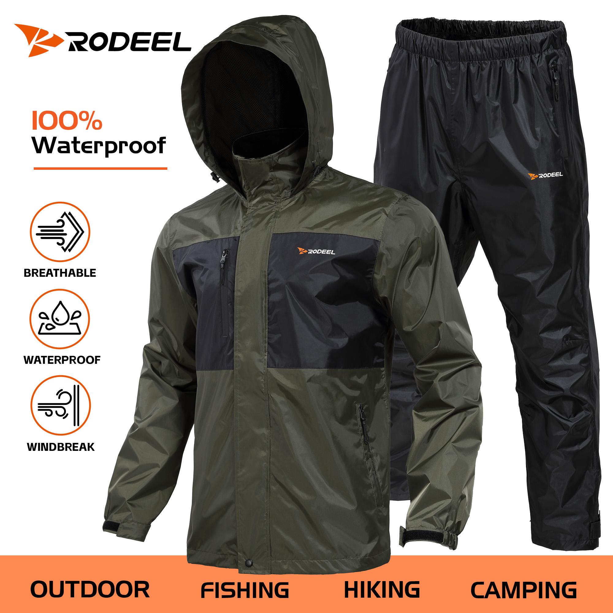 【RODEEL】702 Waterproof Jacket and Pants Set Men Lightweight Breathable Full Zip Hooded Rain Coat Durable Rain Suit Weatherproof Rainwear Windbreaker For Outdoor Sports Hiking Camping Fishing Boating Construction Landscaping Gardening, Holiday Gift