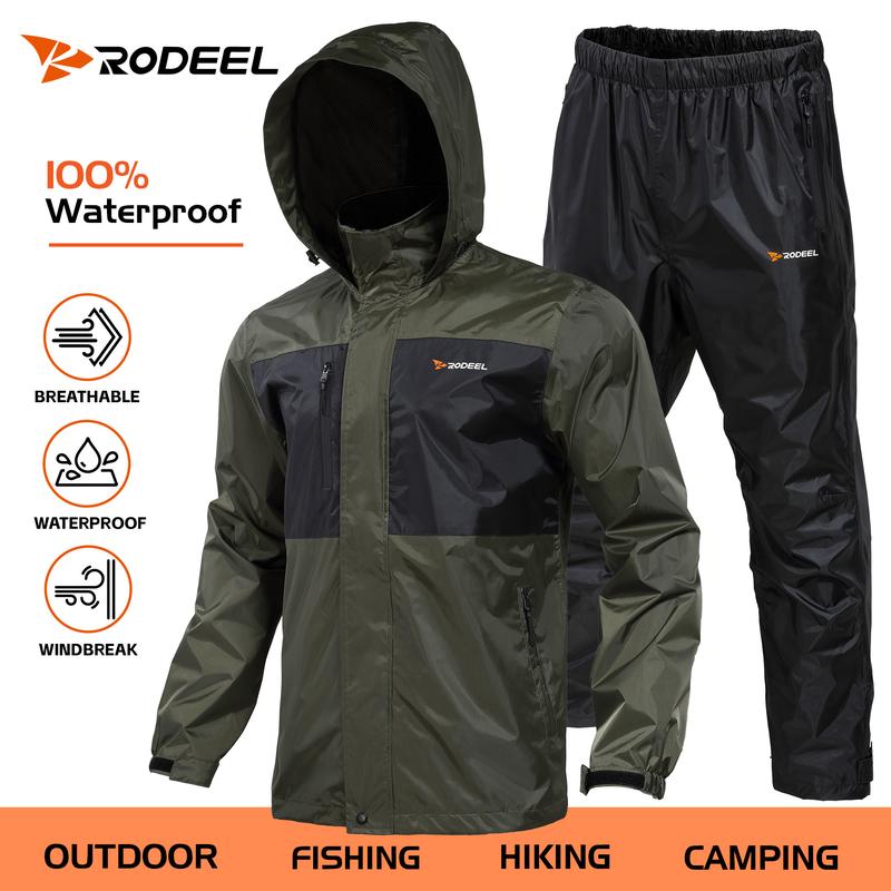 【RODEEL】702 Waterproof Jacket and Pants Set Men Lightweight Breathable Full Zip Hooded Rain Coat Durable Rain Suit Weatherproof Rainwear Windbreaker For Outdoor Sports Hiking Camping Fishing Boating Construction Landscaping Gardening, Holiday Gift
