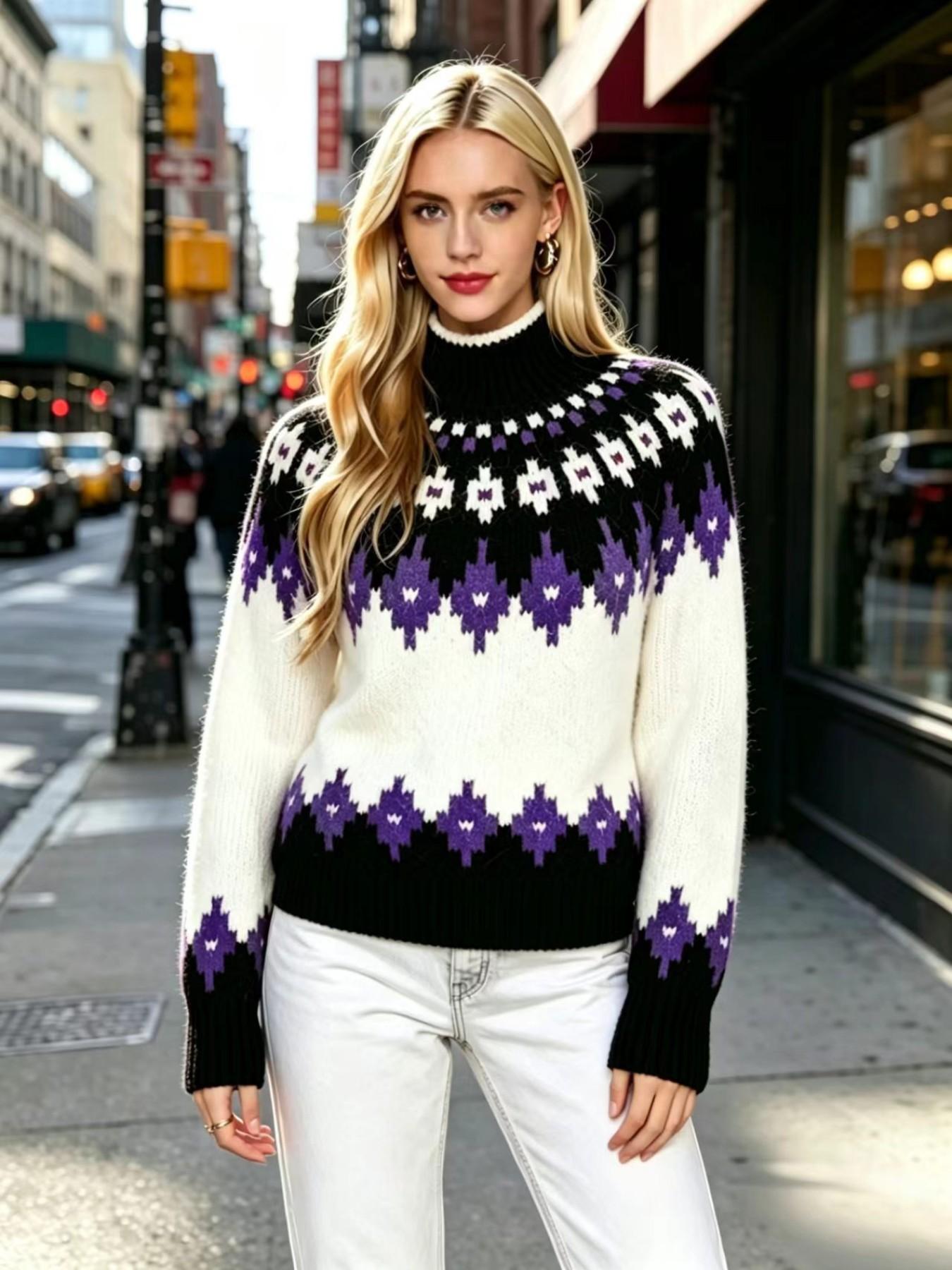 Vintage Women's Knit Patchwork Pullover Sweater, Warm Fuzzy Fabric, Half High Neck Long Sleeve, Fall Winter Casual Commute Daily Wear, Knitwear
