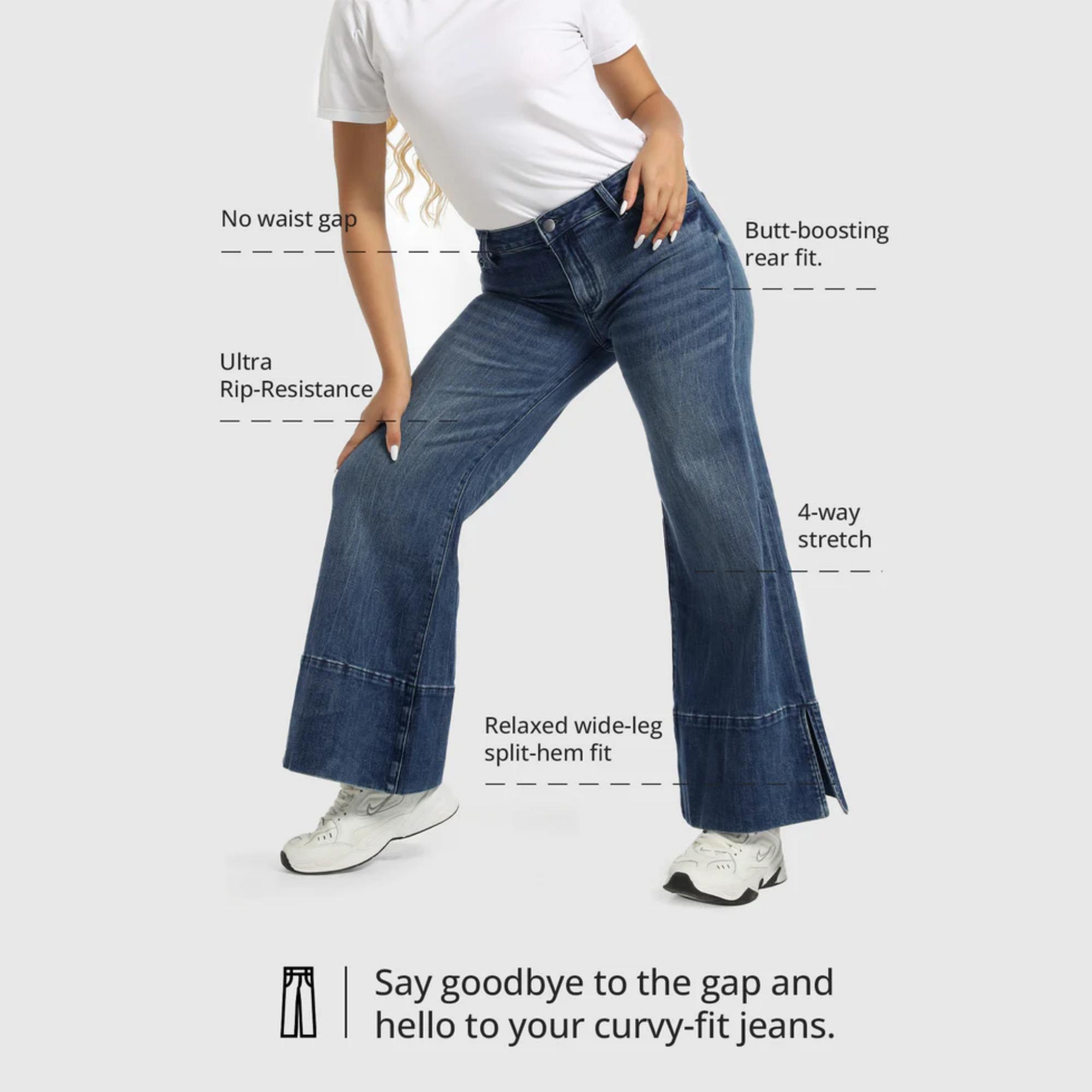 Women's Baggy Mid Stretch Mid Rise Split Leg Wide Leg Genuwii Jeans with Pocket Design, Blue Fitted Denim, Comfortable Basic Style for Casual Outfits - No More Awkward Gaps, Streetwear, Womenswear, Flared Pants, Outdoor Cute Jeans, Spandex Trouser