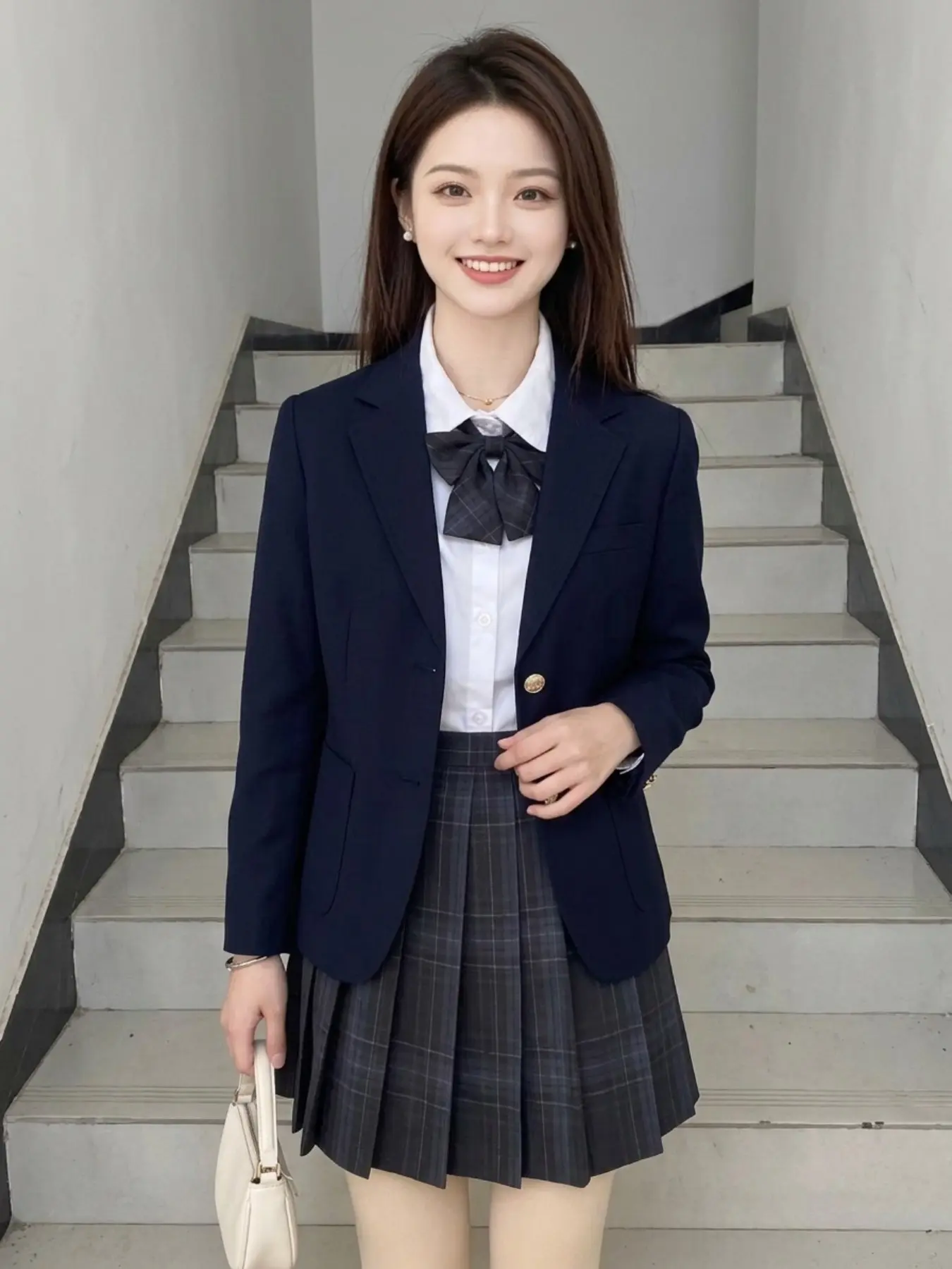 Academic Style Female Student Uniform Jk Suit Basic Spring Fall Blazer Set, Long Slim-Fitting Solid Pattern, Unlined Plain Surface