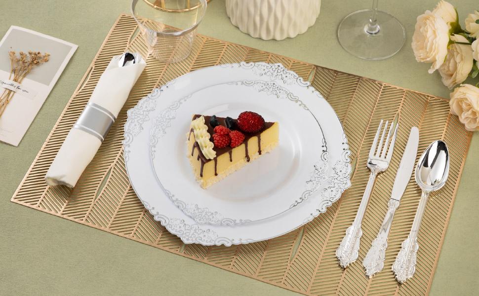 Bestluck 350PCS Silver Plastic Dinnerware Set for 50 Guests Includes 100 Plates 50 Silverware Sets 50 Napkins & Cups Vintage Gold Rim Elegant Disposable Perfect for Weddings Parties Special Events