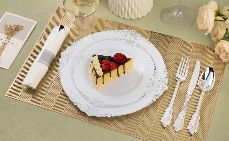 Bestluck 350PCS Silver Plastic Dinnerware Set for 50 Guests Includes 100 Plates 50 Silverware Sets 50 Napkins & Cups Vintage Gold Rim Elegant Disposable Perfect for Weddings Parties Special Events