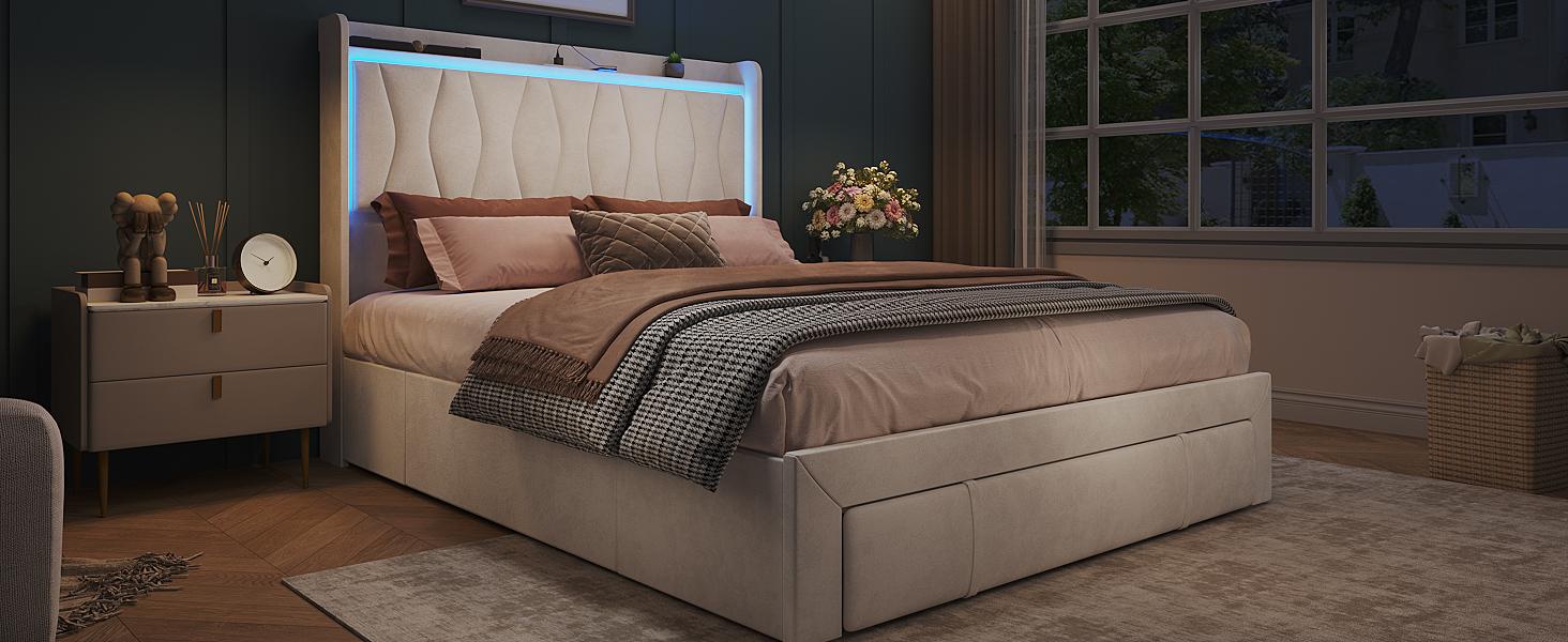 Vabches Bed Frame with LED Light and 3 Drawers Storage, Upholstered Velvet Platform Bed Frame with Charging Station, Wingback Tall Headboard, No Box Spring Needed