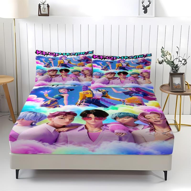K Pop Demon Hunters Soft Breathable Fitted Sheet Set, bed sheets set, 3 Counts/set including 1 Fitted Sheet & 2 Pillowcases, Cute Idol Themed Decor for Bedrooms and Gifts