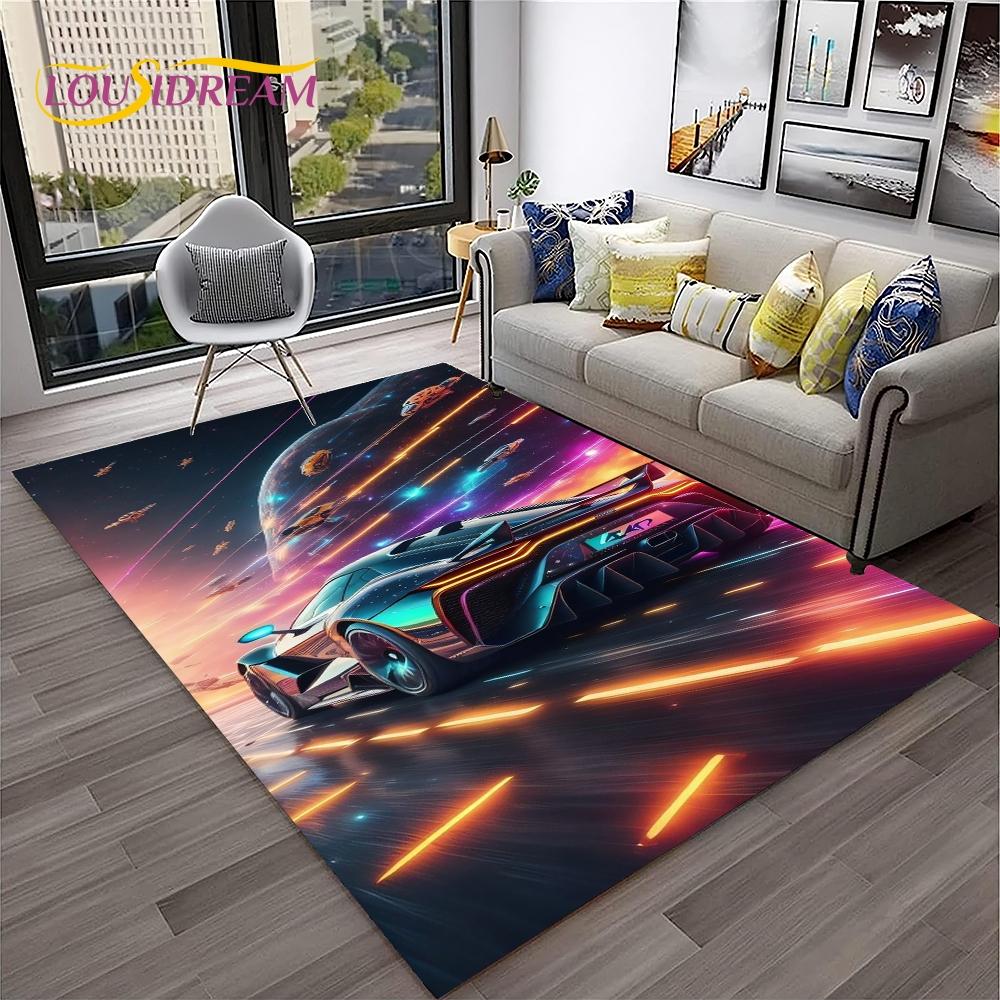 Blue Sports Car Flannel Area Rug - Cool Graffiti Style Supercar Print Soft Mat for Living Room & Garage, Non-Slip Car Enthusiast Home Decor#SportsCarRug #GraffitiSupercarMat #CarEnthusiastDecor #GarageCarpet #NonSlipFlannelRug