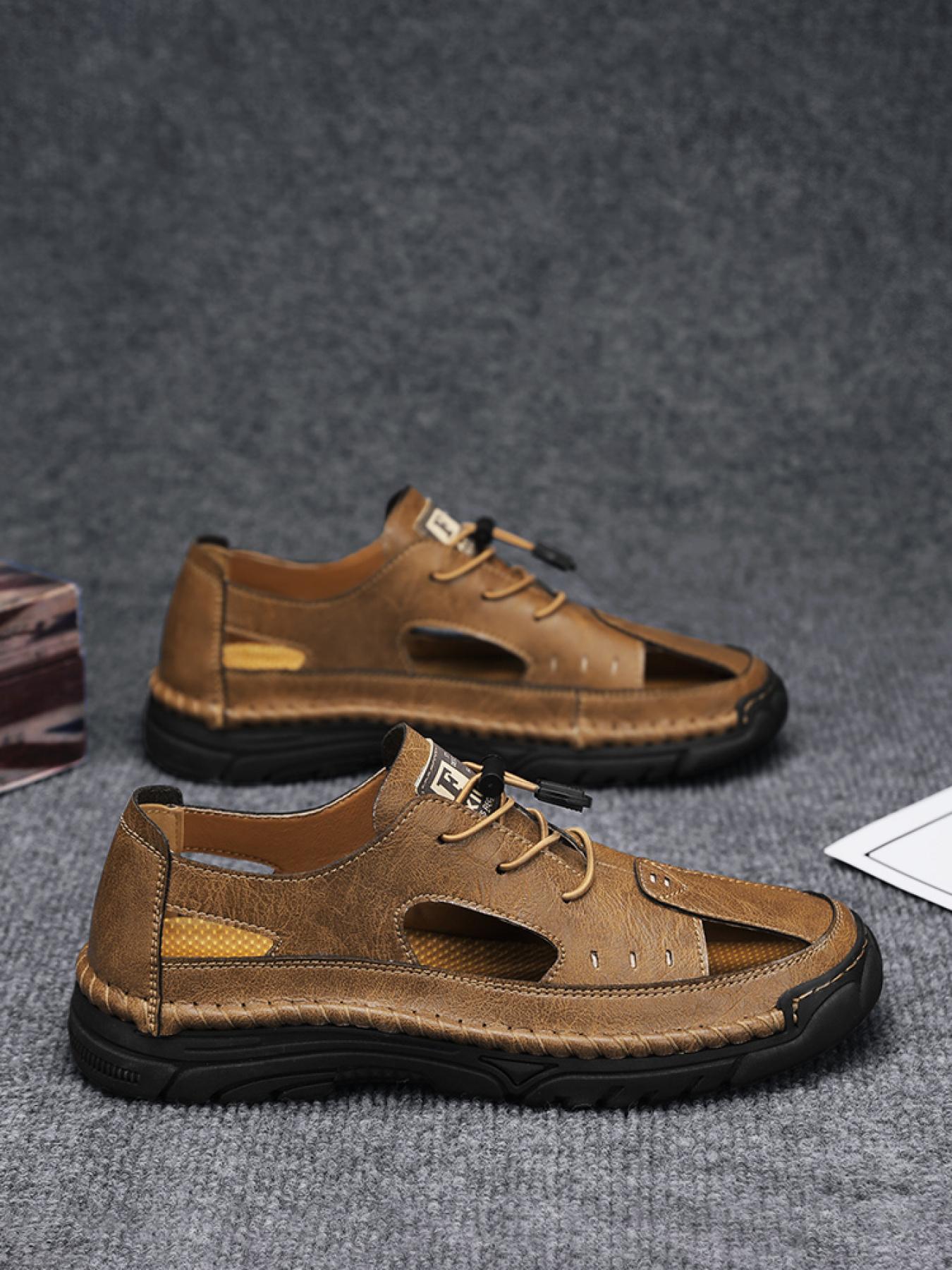 Men's Solid Color Hand-Stitched Closed-Toe Sandals Drawstring Soft Sole Water Shoes Breathable Slip-On Outdoor Beach Shoes