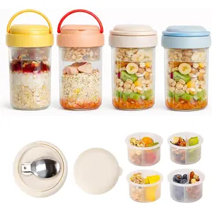 4 Pack Overnight Oats Jars with Lids and, 16 oz Breakfast Containers with Handles & Topping Cups, Yogurt Parfait Cups for Weekly Meal Prep, Chia Pudding, Fruit and Snacks